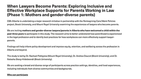 Release put out my the Canadian Bar Association Alberta looking for "mothers and gender-diverse lawyers" to participate in study about parenthood