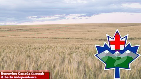 The Renew Alberta logo in front of the Alberta prairies. 