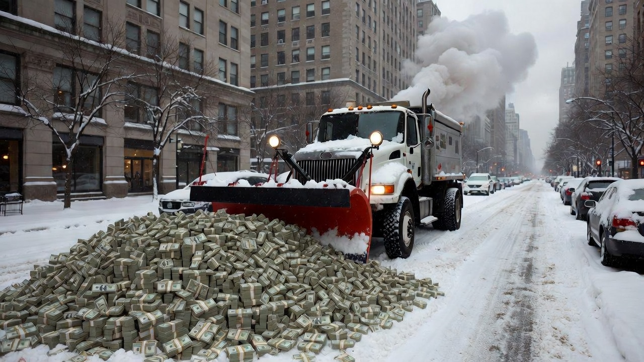 A snow plow plowing a pile of money through city streets. 