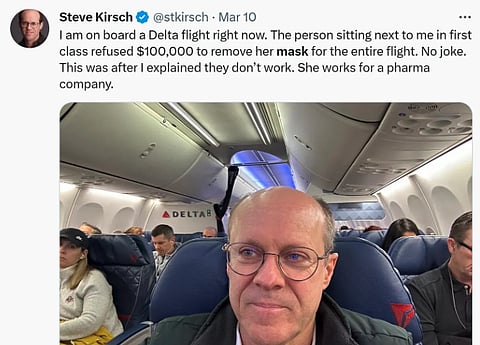 MILE HIGH SNUB: Woman air passenger refused offer of US$100,000 to take off mask
