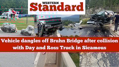 Vehicle dangles off Bruhn Bridge after collision with Day and Ross Truck in Sicamous
