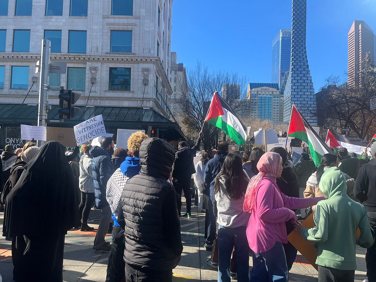 WATCH: About 450 people attend pro-Palestine protest in Calgary
