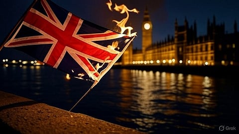 An AI rendering of a British flag on fire&nbsp;