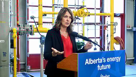 Alberta Premier Danielle Smith speaks with media