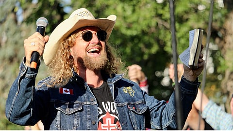 American worship pastor Sean Feucht performs at the Alberta Legislature grounds in August 2025