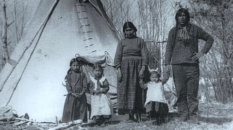 An Indigenous family near Prince Albert, SK, 1919, Walter Cross, Silver salts, watercolour on paper