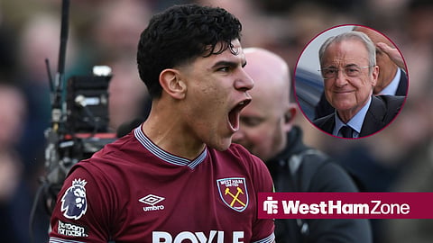 Mateus Fernandes in action for West Ham with Florentino Perez in circular inset