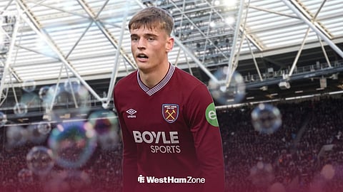 Dylan Lawlor playing in a West Ham kit in front of the London Stadium.