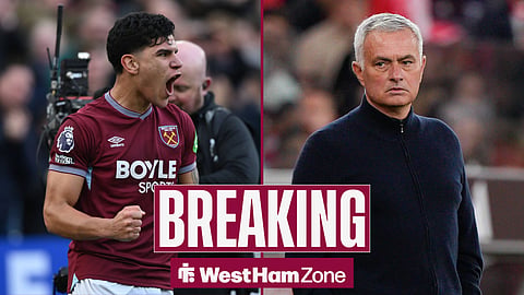 Mateus Fernandes celebrating in a West Ham kit beside Jose Mourinho in a 50/50 split image.