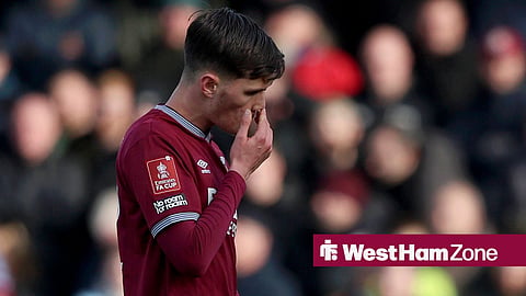 Freddie Potts of West Ham United leaves the field after been sent off during the Emirates FA Cup Fourth Round match between Burton Albion and West Ham United