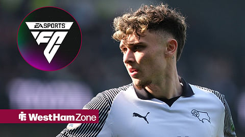 Bobby Clark of Derby County seen during the EFL Championship football match between Derby County and Birmingham City at Pride Park Stadium in Derby with EA Sports FC logo in circular inset.