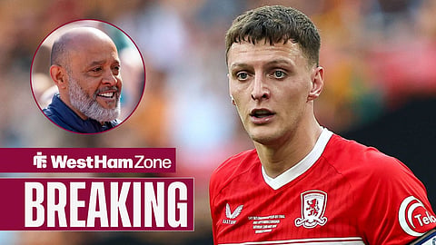 West Ham manager Nuno Espirito Santo and Dael Fry, who is in action for Middlesbrough at Wembley Stadium.