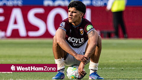 West Ham United versus Leeds United; Mateus Fernandes of West Ham sits on the ball after the final whistle