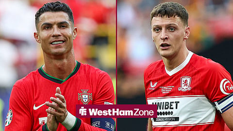 Euro 2024 Cristiano Ronaldo applauds for Portugal next to Dael Fry in action for Middlesbrough