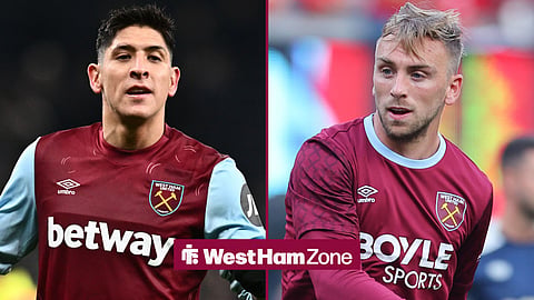 Edson Alvarez of West Ham United celebrates during the Premier League match between Tottenham Hotspur and West Ham United and Jarrod Bowen 20 of West Ham United warms up prior to the Premier League Summer Series game against Manchester United