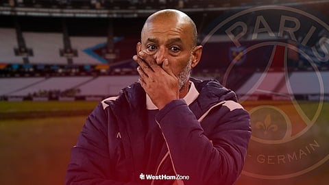Nuno Espirito Santo at London Stadium with PSG logo faded