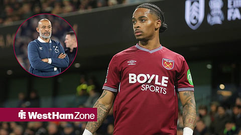 Crysencio Summerville playing for West Ham against Fulham, with Nuno Espirito Santo in a circular inset.