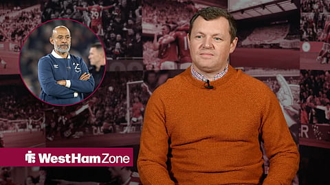 Kieran Scott speaking to Middlesbrough's media team, alongside a circular inset of Nuno Espirito Santo in charge of West Ham.