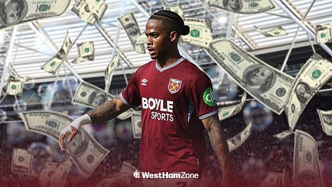 Crysencio Summerville at London Stadium with money falling behind him