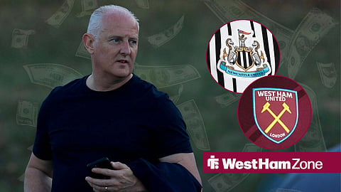 Football agent Steve Nickson watches on, with Newcastle and West Ham badges in circular frame
