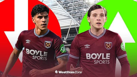 Mateus Fernandes with a red arrow behind him beside Sydie Peck in a West Ham kit with a green arrow behind him at London Stadium.