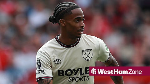 Crysencio Summerville in action for West Ham wearing the 2025-2026 white away kit
