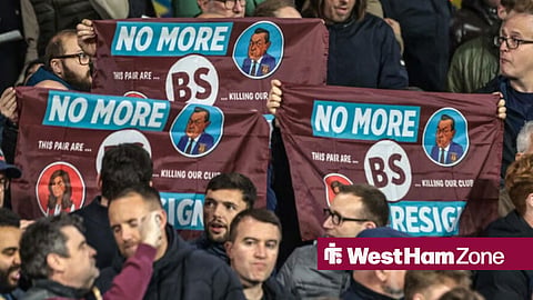 West Ham fans protest against David Sullivan and Karren Brady