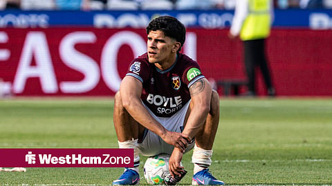 Mateus Fernandes sits on the ball as a West Ham United player.