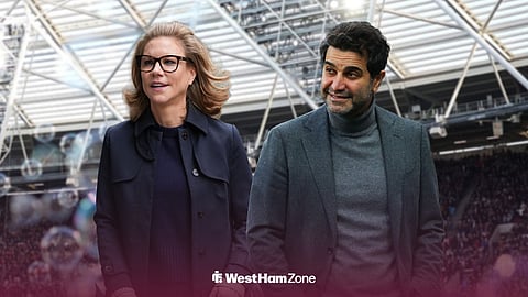 Amanda Staveley and Mehrdad Ghoudoussi smiling ahead of London Stadium, West Ham United