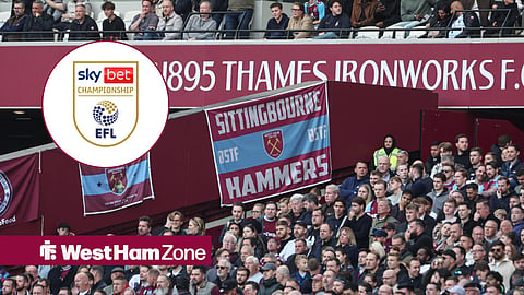 West Ham fans with the Championship badge in inset.