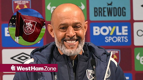 Nuno Espirito Santo speaking at a West Ham United press conference, with a circular inset of the Burnley badge.