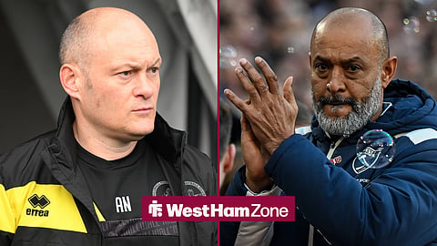 A 50:50 image with Millwall manager Alex Neil on the left hand side looking focussed. On the right is West Ham manager Nuno Espirito Santo, looking tense, while clapping his hands surrounded by bubbles.