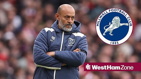 Nuno Espirito Santo on the touchline for West Ham with Millwall badge in circular inset
