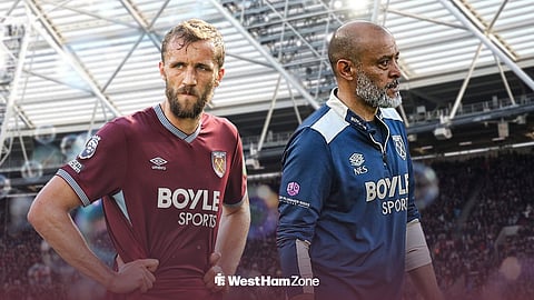 Tomas Soucek and Nuno Espirito Santo looking dejected, with the London Stadium and some bubbles behind them