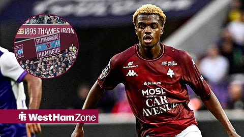 Alpha Toure in Ligue 1 action, with a circular frame of West Ham fans inset