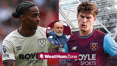 A side-by-side image of Crysencio Summerville and Gustavo Sa, and a circular inset of West Ham United boss Nuno Espirito Santo