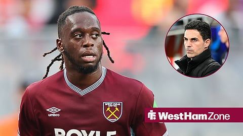 Aaron Wan-Bissaka in action for West Ham with Mikel Arteta in circular inset