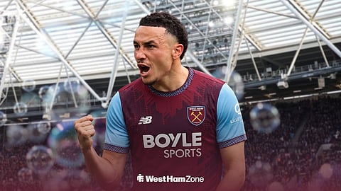 Ruben Vargas in a West Ham shirt outside the London Stadium, which is filled with bubbles.