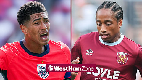 England's Jude Bellingham in action against New Zealand and Kyle Walker-Peters of West Ham United.
