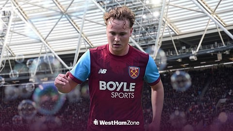 Andreas Schjelderup in a West Ham kit, playing at the London Stadium