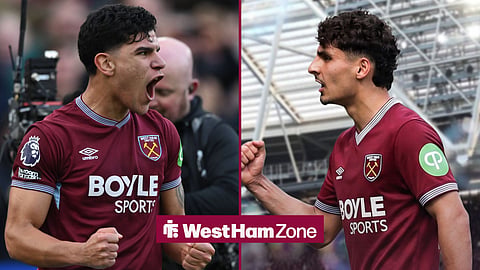 Mateus Fernandes celebrating for West Ham with Martin Adeline in a West Ham kit