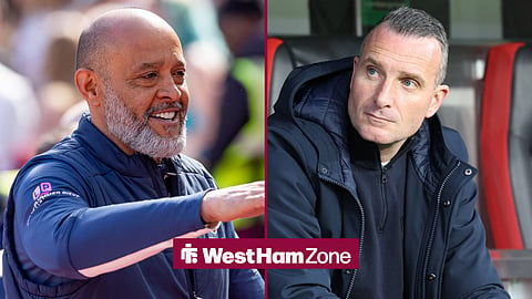 Nuno Espirito Santo smiling at West Ham and Nicky Hayen sitting in dugout