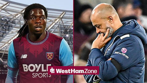 Bastien Meupiyou in a West Ham kit on the left with Nuno looking worried on the right.