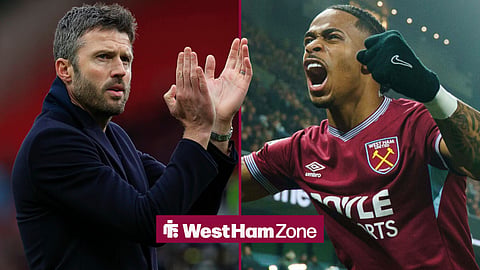 Michael Carrick clapping looking towards Crysencio Summerville celebrating for West Ham