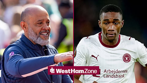 Nuno Espirito Santo smiling at West Ham and Denil Castillo in action for FC Midtjylland