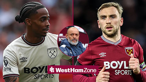 A side-by-side image of  West Ham players Crysencio Summerville and Jarrod Bowen, and manager Nuno Espirito Santo in a circular inset.