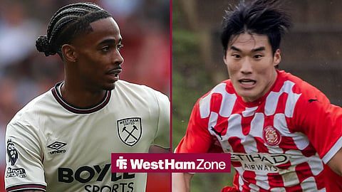 West Ham United's Crysencio Summerville and Kim Min-su in action for Girona