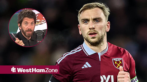 Jarrod Bowen in a West Ham and Aston Villa shirt looking towards a circle inset of Andy Goldstein speaking on talkSPORT