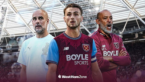 Taylor Harwood Bellis in a West Ham kit at London Stadium with Pep Guardiola and Nuno Espirito Santo alongside him