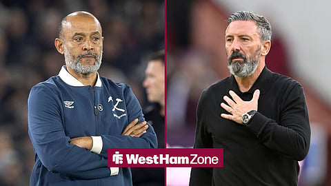 Nuno Espirito Santo on the touchline for West Ham with Derek McInnes having hand on chest